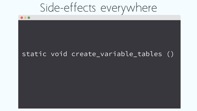 Side-effects everywhere
static void create_variable_tables ()
