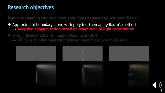 Real-time shading with free-form area lights bounded by 3rd-order Bezier
l Approximate boundary curve with polyline, then apply Baum’s method
→ Adaptive polygonization based on magnitude of light contribution
l Extend [Heitz+ 2016] to handle Microfacet BRDF
→ Efficient clipping operation (shown later) for polynomial curve
Research objectives
5
Real-time shading with free-form area lights bounded by 3rd-order Bezier
l Approximate boundary curve with polyline, then apply Baum’s method
→ Adaptive polygonization based on magnitude of light contribution
l Extend [Heitz+ 2016] to handle Microfacet BRDF
→ Efficient clipping operation (shown later) for polynomial curve

