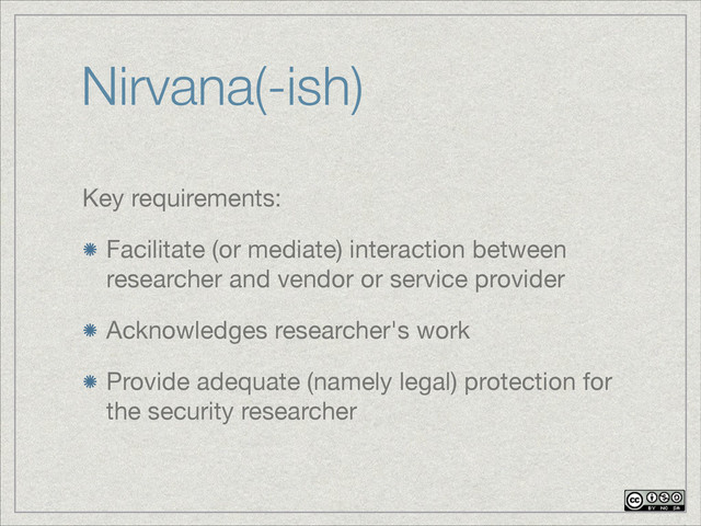 Nirvana(-ish)
Key requirements:

Facilitate (or mediate) interaction between
researcher and vendor or service provider

Acknowledges researcher's work

Provide adequate (namely legal) protection for
the security researcher
