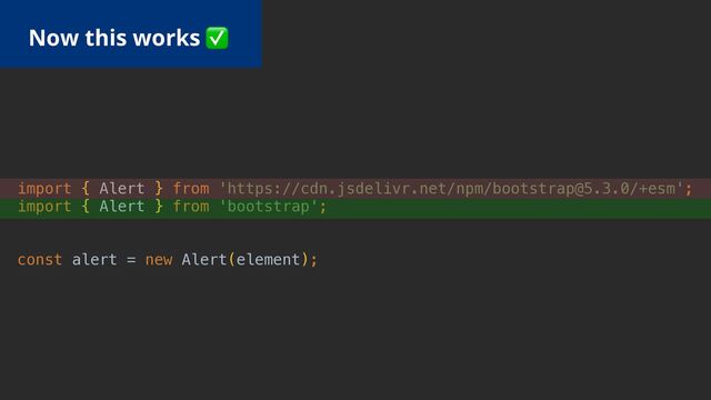 Now this works ✅
import { Alert } from 'https://cdn.jsdelivr.net/npm/bootstrap@5.3.0/+esm';


import { Alert } from 'bootstrap';


const alert = new Alert(element);
