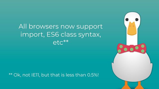 All browsers now support
import, ES6 class syntax,
etc**
** Ok, not IE11, but that is less than 0.5%!

