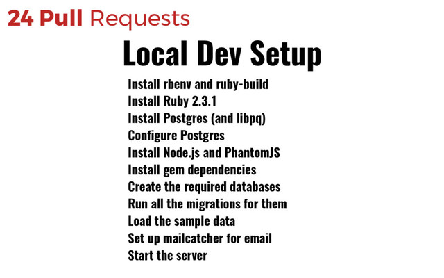 24 Pull Requests
Install rbenv and ruby-build
Install Ruby 2.3.1
Install Postgres (and libpq)
Configure Postgres
Install Node.js and PhantomJS
Install gem dependencies
Create the required databases
Run all the migrations for them
Load the sample data
Set up mailcatcher for email
Start the server
Local Dev Setup
