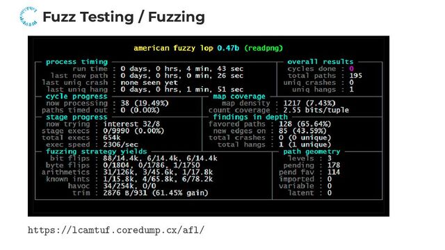 Fuzz Testing / Fuzzing
https://lcamtuf.coredump.cx/afl/
