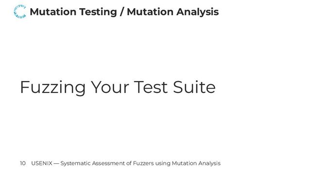 Mutation Testing / Mutation Analysis
Fuzzing Your Test Suite
10 USENIX — Systematic Assessment of Fuzzers using Mutation Analysis
