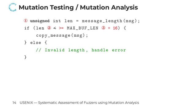 Mutation Testing / Mutation Analysis
① unsigned int len = message_length(msg);
if (len ② < >= MAX_BUF_LEN ③ + 16) {
copy_message(msg);
} else {
// Invalid length , handle error
}
14 USENIX — Systematic Assessment of Fuzzers using Mutation Analysis
