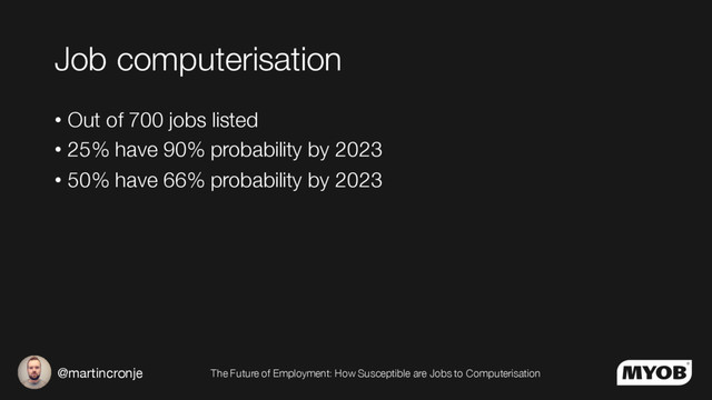 @martincronje The Future of Employment: How Susceptible are Jobs to Computerisation
Job computerisation
• Out of 700 jobs listed
• 25% have 90% probability by 2023
• 50% have 66% probability by 2023
