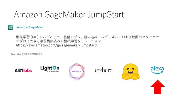 Amazon SageMaker JumpStart
機械学習 (ML) のハブとして、基盤モデル、組み込みアルゴリズム、および数回のクリックで
デプロイできる事前構築済みの機械学習ソリューション
https://aws.amazon.com/jp/sagemaker/jumpstart/
