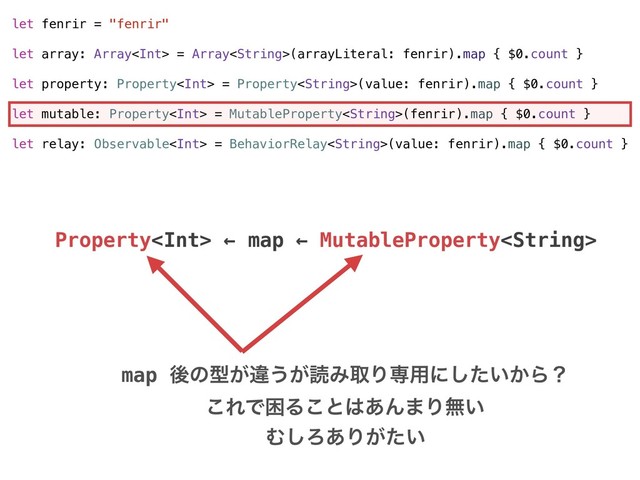 let fenrir = "fenrir"
let array: Array = Array(arrayLiteral: fenrir).map { $0.count }
let property: Property = Property(value: fenrir).map { $0.count }
let mutable: Property = MutableProperty(fenrir).map { $0.count }
let relay: Observable = BehaviorRelay(value: fenrir).map { $0.count }
Property ← map ← MutableProperty
map ޙͷܕ͕ҧ͏͕ಡΈऔΓઐ༻ʹ͍͔ͨ͠Βʁ
͜ΕͰࠔΔ͜ͱ͸͋Μ·Γແ͍
Ή͠Ζ͋Γ͕͍ͨ
