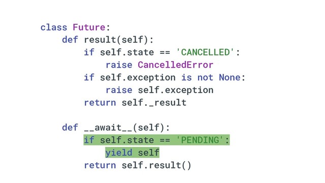 class Future:
def result(self):
if self.state == 'CANCELLED':
raise CancelledError
if self.exception is not None:
raise self.exception
return self._result
def __await__(self):
if self.state == 'PENDING':
yield self
return self.result()
