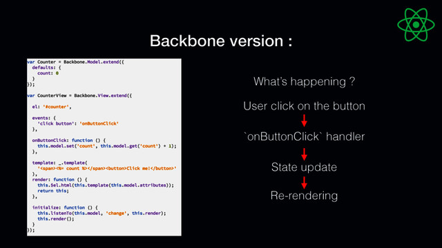 Backbone version :
User click on the button
`onButtonClick` handler
State update
Re-rendering
What’s happening ?
