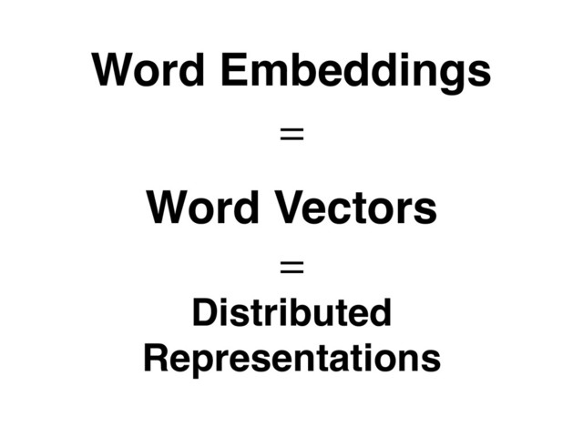 Word Embeddings
Word Vectors
Distributed
Representations
=
=
