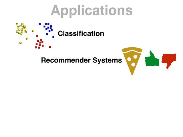 Applications
Classiﬁcation
Recommender Systems
