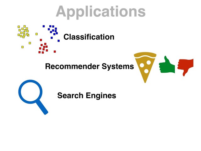 Applications
Classiﬁcation
Recommender Systems
Search Engines
