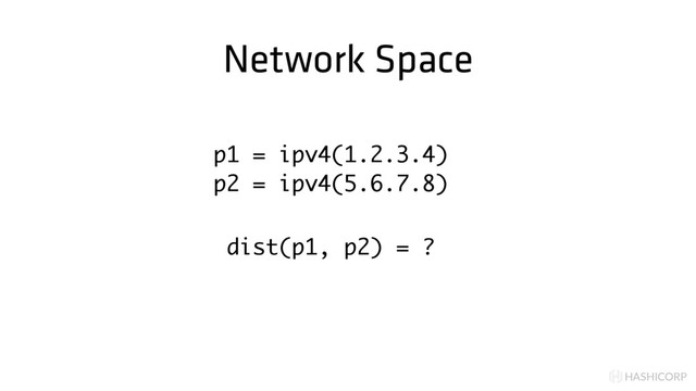 HASHICORP
Network Space
p1 = ipv4(1.2.3.4)
p2 = ipv4(5.6.7.8)
dist(p1, p2) = ?
