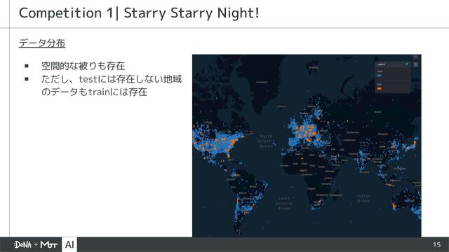 15
Competition 1| Starry Starry Night!
データ分布
▪ 空間的な被りも存在
▪ ただし、testには存在しない地域
のデータもtrainには存在
