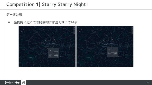 16
Competition 1| Starry Starry Night!
データ分布
▪ 空間的に近くても時間的には遠くなっている
