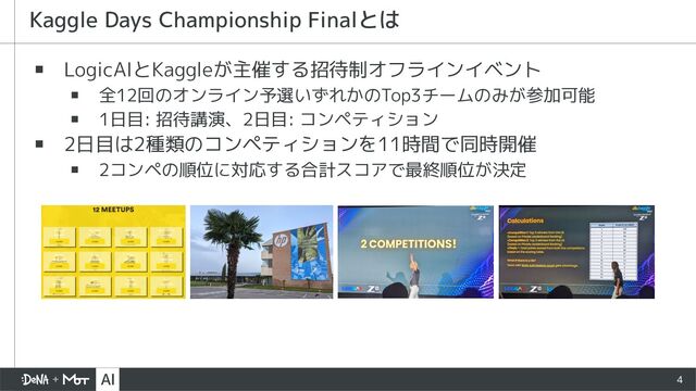 ▪ LogicAIとKaggleが主催する招待制オフラインイベント
▪ 全12回のオンライン予選いずれかのTop3チームのみが参加可能
▪ 1日目: 招待講演、2日目: コンペティション
▪ 2日目は2種類のコンペティションを11時間で同時開催
▪ 2コンペの順位に対応する合計スコアで最終順位が決定
4
Kaggle Days Championship Finalとは
