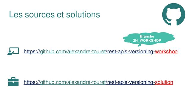 Les sources et solutions
https://github.com/alexandre-touret/rest-apis-versioning-workshop
https://github.com/alexandre-touret/rest-apis-versioning-solution
Branche
2H_WORKSHOP
