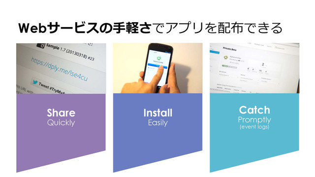 Webサービスの⼿手軽さでアプリを配布できる
Share
Quickly
Install
Easily
Catch
Promptly
(event logs)
