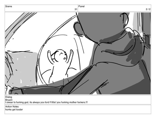 Scene
31
Panel
2 / 2
Dialog
Bryanl:
I swear to fucking god, its always you ford f150s! you fucking mother fuckers.!!!
Action Notes
honks get louder

