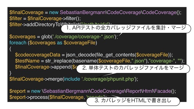 $
fi
nalCoverage = new SebastianBergmann\CodeCoverage\CodeCoverage()
;

$
fi
lter = $
fi
nalCoverage->
fi
lter()
;

$
fi
lter->addDirectoryToWhitelist("/path/to/dir")
;

$coverages = glob('./coverage/coverage-*.json')
;

foreach ($coverages as $coverageFile
)

{

$codecoverageData = json_decode(
fi
le_get_contents($coverageFile))
;

$testName = str_ireplace(basename($coverageFile,".json"),"coverage-", "")
;

$
fi
nalCoverage->append($codecoverageData, $testName)
;

}

$
fi
nalCoverage->merge(include './coverage/phpunit.php')
;

$report = new \SebastianBergmann\CodeCoverage\Report\Html\Facade()
;

$report->process($
fi
nalCoverage, 'reports');
"1*ςετͷશΧόϨοδϑΝΠϧΛूܭɾϚʔδ
୯ମςετͷΧόϨοδϑΝΠϧΛϚʔδ
ΧόϨοδΛ)5.-Ͱॻ͖ग़͠
