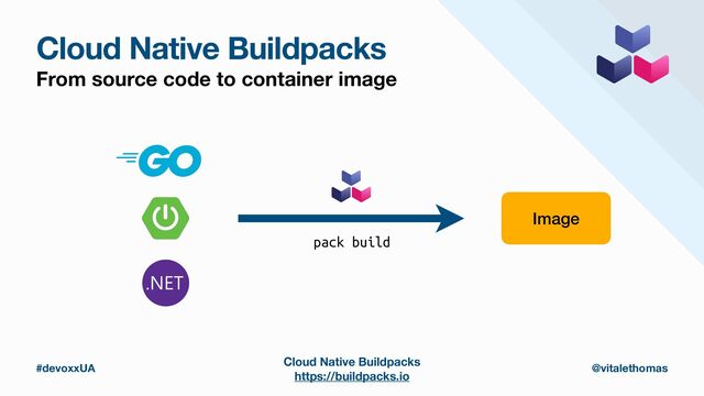 Image
pack build
Cloud Native Buildpacks
From source code to container image
#devoxxUA @vitalethomas
Cloud Native Buildpacks
https://buildpacks.io
