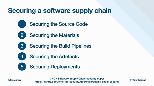 Securing a software supply chain
1 Securing the Source Code
CNCF Software Supply Chain Security Paper
https://github.com/cncf/tag-security/tree/main/supply-chain-security
2 Securing the Materials
3 Securing the Build Pipelines
4 Securing the Artefacts
5 Securing Deployments
#devoxxUA @vitalethomas
