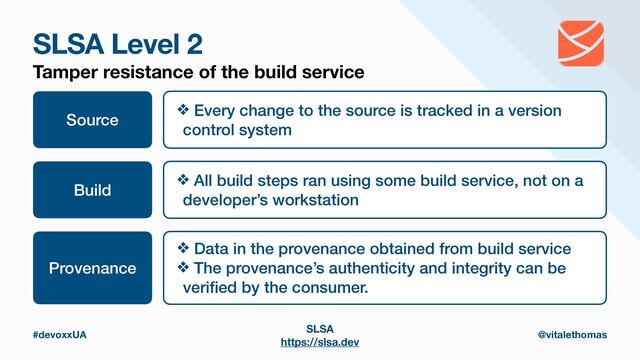 SLSA Level 2
Tamper resistance of the build service
#devoxxUA @vitalethomas
Source
❖ Every change to the source is tracked in a version
control system
Build
❖ All build steps ran using some build service, not on a
developer’s workstation
SLSA
https://slsa.dev
Provenance
❖ Data in the provenance obtained from build service


❖ The provenance’s authenticity and integrity can be
veri
fi
ed by the consumer.
