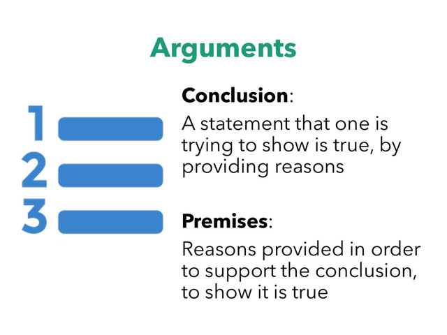 Arguments
Conclusion:
A statement that one is
trying to show is true, by
providing reasons
Premises:
Reasons provided in order
to support the conclusion,
to show it is true

