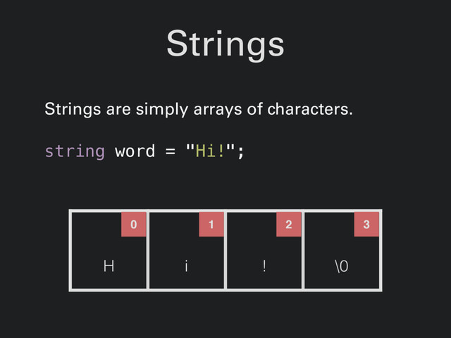 Strings
Strings are simply arrays of characters.
string word = "Hi!";
0 1 2 3
H i ! \0
