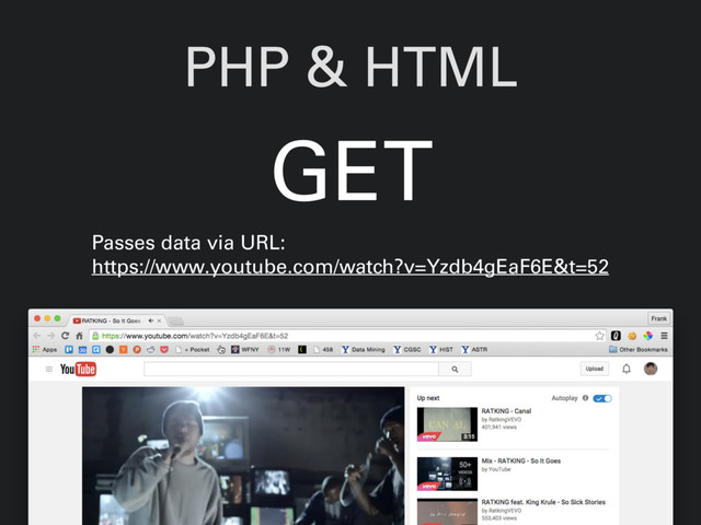 PHP & HTML
Passes data via URL:
https://www.youtube.com/watch?v=Yzdb4gEaF6E&t=52
GET
