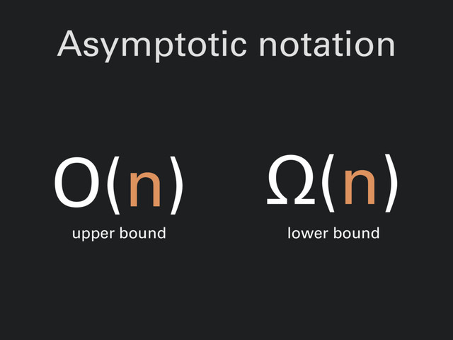 Asymptotic notation
O(n)
upper bound
Ω(n)
lower bound
