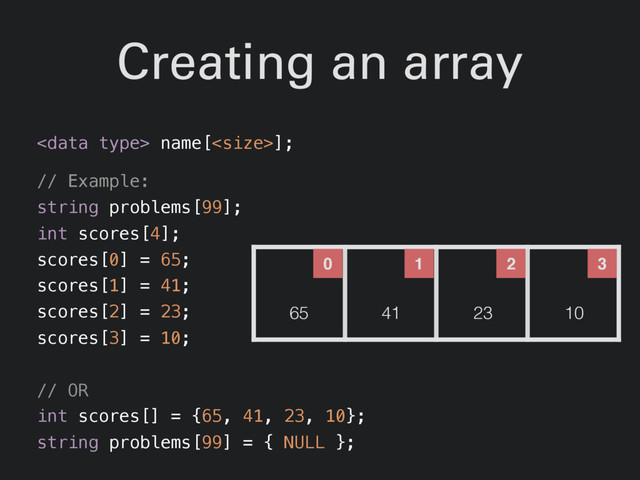 Creating an array
 name[];
// Example:
string problems[99];
int scores[4];
scores[0] = 65;
scores[1] = 41;
scores[2] = 23;
scores[3] = 10;
// OR
int scores[] = {65, 41, 23, 10};
string problems[99] = { NULL };
0 1 2 3
65 41 23 10
