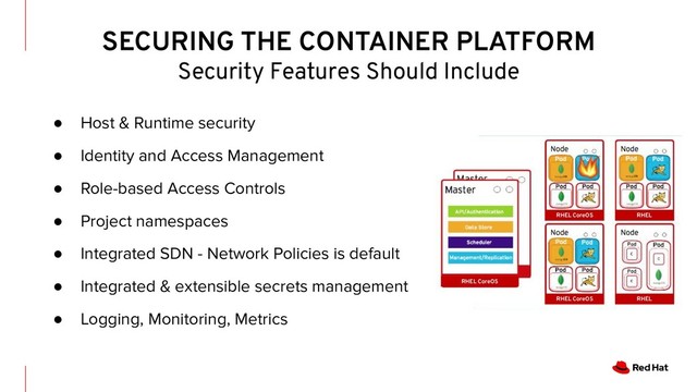 ● Host & Runtime security
● Identity and Access Management
● Role-based Access Controls
● Project namespaces
● Integrated SDN - Network Policies is default
● Integrated & extensible secrets management
● Logging, Monitoring, Metrics
SECURING THE CONTAINER PLATFORM
Security Features Should Include
RHEL CoreOS RHEL
RHEL CoreOS RHEL
RHEL CoreOS
