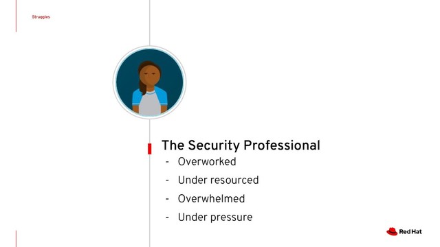 - Overworked
- Under resourced
- Overwhelmed
- Under pressure
Struggles
The Security Professional
