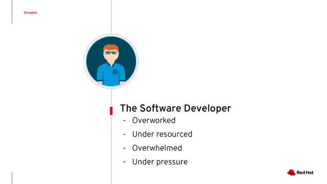 - Overworked
- Under resourced
- Overwhelmed
- Under pressure
Struggles
The Software Developer
