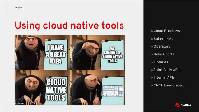 Using cloud native tools
Struggles
○ Cloud Providers
○ Kubernetes
○ Operators
○ Helm Charts
○ Libraries
○ Third Party APIs
○ Internal APIs
○ CNCF Landscape...
