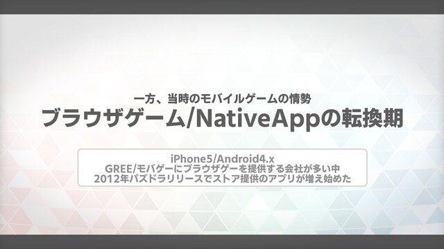 ブラウザゲーム/NativeAppの転換期
一方、当時のモバイルゲームの情勢
iPhone5/Android4.x
GREE/モバゲーにブラウザゲーを提供する会社が多い中
2012年パズドラリリースでストア提供のアプリが増え始めた
