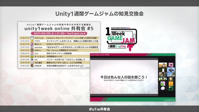 Unity1週間ゲームジャムの知見交換会
#u1w共有会
