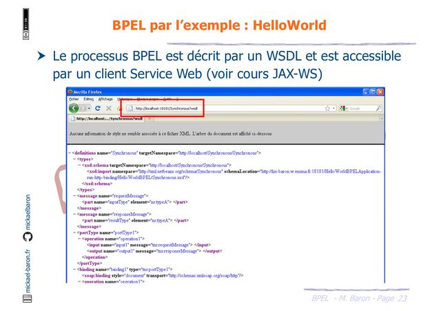 BPEL - M. Baron - Page
mickael-baron.fr mickaelbaron
23
BPEL par l’exemple : HelloWorld
 Le processus BPEL est décrit par un WSDL et est accessible
par un client Service Web (voir cours JAX-WS)
