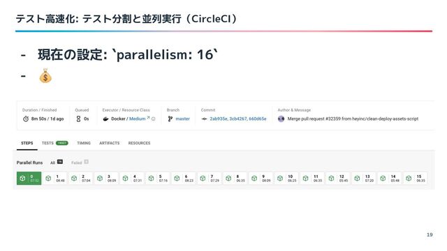 テスト高速化: テスト分割と並列実行（CircleCI）
19
- 現在の設定: `parallelism: 16`
- 💰
