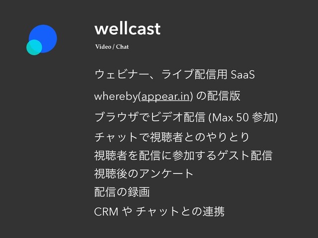 wellcast
΢ΣϏφʔɺϥΠϒ഑৴༻ SaaS
whereby(appear.in) ͷ഑৴൛
ϒϥ΢βͰϏσΦ഑৴ (Max 50 ࢀՃ)
νϟοτͰࢹௌऀͱͷ΍ΓͱΓ
ࢹௌऀΛ഑৴ʹࢀՃ͢Δήετ഑৴
ࢹௌޙͷΞϯέʔτ
഑৴ͷ࿥ը
CRM ΍ νϟοτͱͷ࿈ܞ
Video / Chat
