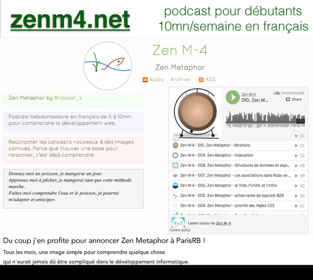 zenm4.net podcast pour débutants
10mn/semaine en français
Du coup j'en profite pour annoncer Zen Metaphor à ParisRB !
Tous les mois, une image simple pour comprendre quelque chose
qui n'aurait jamais dû être compliqué dans le développement informatique.
