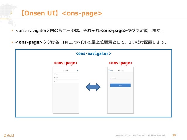 Copyright © 2011 Asial Corporation. All Rights Reserved. │ 18
【Onsen UI】
 
• 内の各ページは、それぞれタグで定義します。
• タグは各HTMLファイルの最上位要素として、1つだけ配置します。

