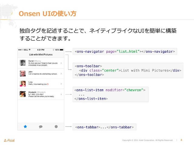Copyright © 2011 Asial Corporation. All Rights Reserved. │ 4
Onsen UIの使い方
独自タグを記述することで、ネイティブライクなUIを簡単に構築
することができます。
