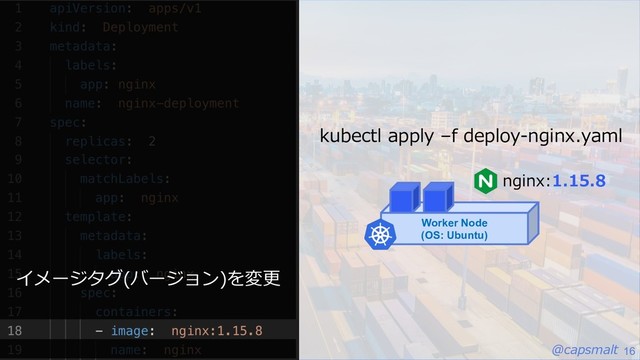 @capsmalt 16
kubectl apply –f deploy-nginx.yaml
Worker Node
(OS: Ubuntu)
イメージタグ(バージョン)を変更
nginx:1.15.8

