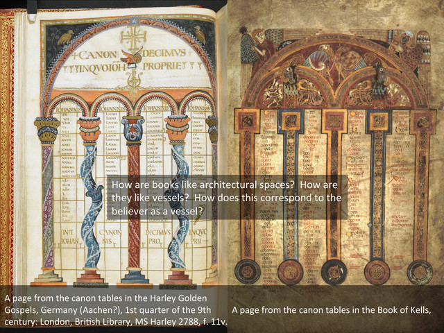 A	  page	  from	  the	  canon	  tables	  in	  the	  Harley	  Golden	  
Gospels,	  Germany	  (Aachen?),	  1st	  quarter	  of	  the	  9th	  
century:	  London,	  BriIsh	  Library,	  MS	  Harley	  2788,	  f.	  11v.	  
A	  page	  from	  the	  canon	  tables	  in	  the	  Book	  of	  Kells,	  	  
How	  are	  books	  like	  architectural	  spaces?	  	  How	  are	  
they	  like	  vessels?	  	  How	  does	  this	  correspond	  to	  the	  
believer	  as	  a	  vessel?	  
