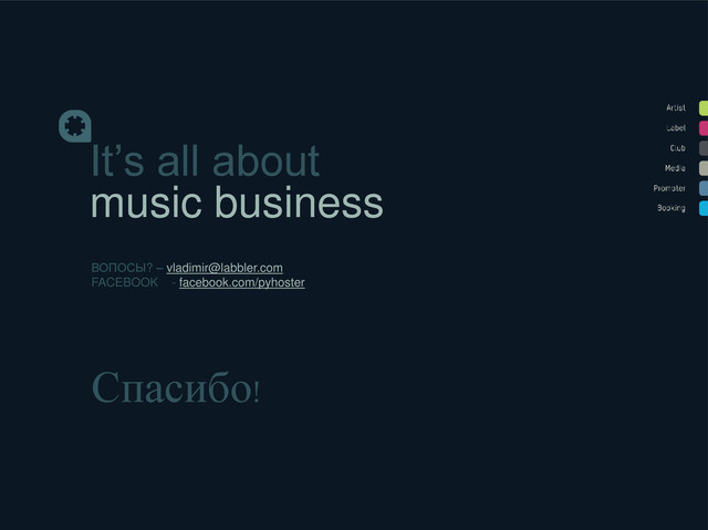 It’s all about
music business
ВОПОСЫ? – vladimir@labbler.com
FACEBOOK - facebook.com/pyhoster
Спасибо!
