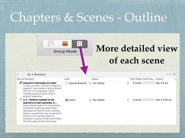 Chapters & Scenes - Outline
More detailed view
of each scene
