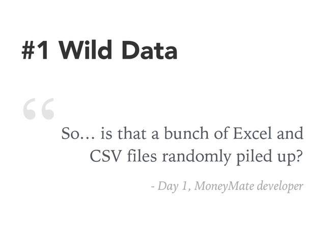 #1 Wild Data
So… is that a bunch of Excel and
CSV files randomly piled up?
- Day 1, MoneyMate developer
“
